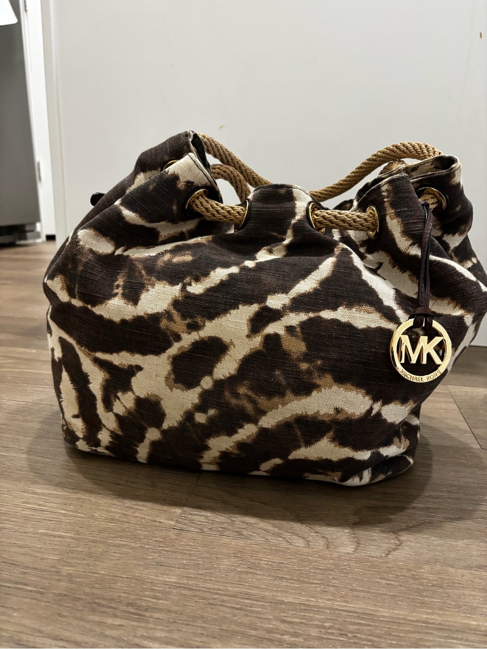 Michael Kors Marina Brown & Cream Animal-Print Drawstring Tote - Picture 2 of 4